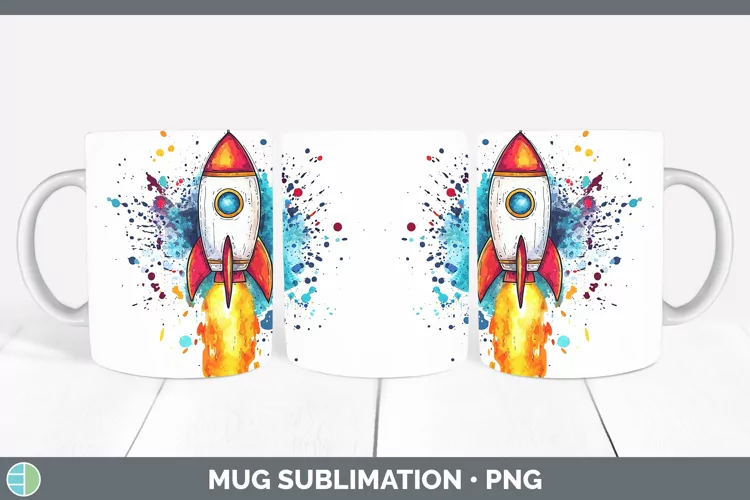 Watercolor Splash Toy Rocket Mug Wrap Sublimation Coffee Cup