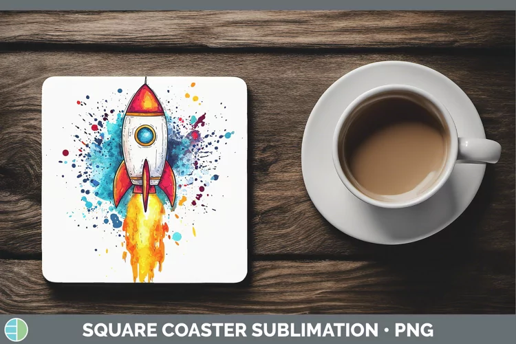 Watercolor Splash Toy Rocket Square Coaster Sublimation Coas