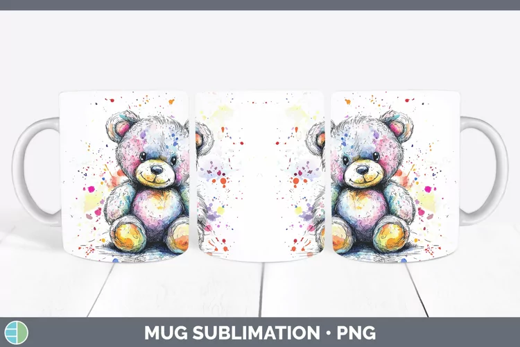 Watercolor Splash Toy Teddy Bear Mug Wrap Sublimation Coffee