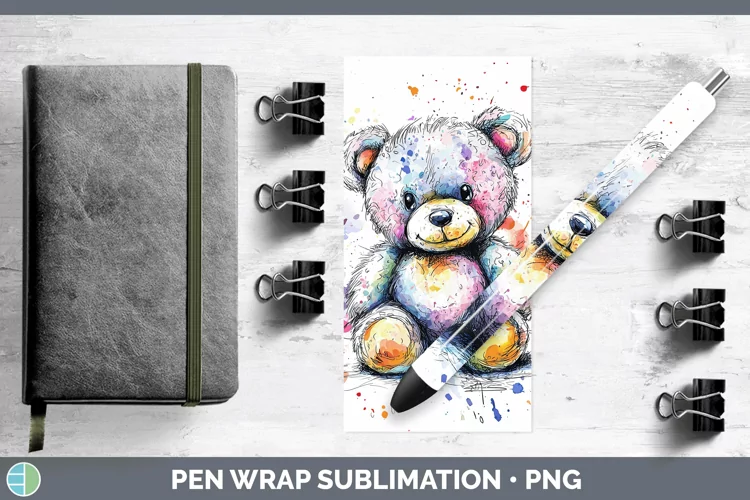 Watercolor Splash Toy Teddy Bear Pen Wrap Sublimation Pen De
