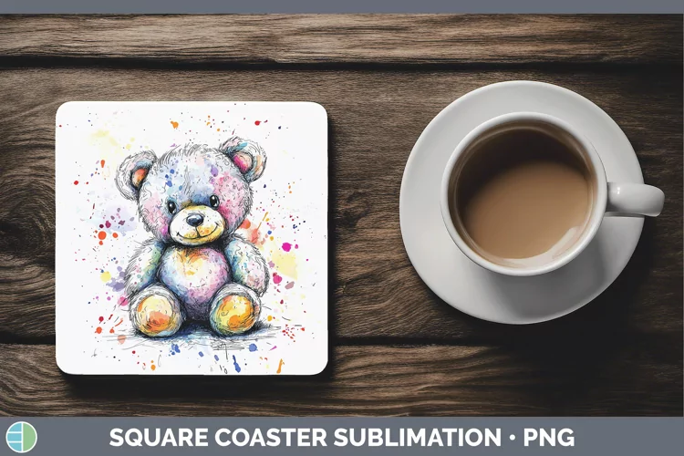 Watercolor Splash Toy Teddy Bear Square Coaster Sublimation