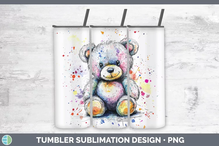 Watercolor Splash Toy Teddy Bear Tumbler Sublimation 20 oz S