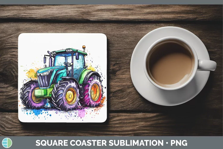 Watercolor Splash Toy Tractor Square Coaster Sublimation Coa
