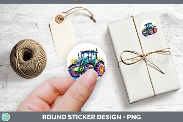 Watercolor Splash Toy Tractor Stickers | Round Labels Design