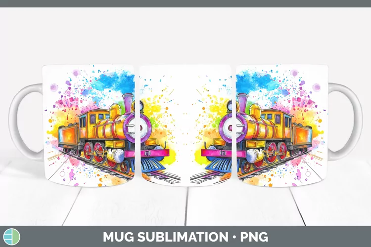 Watercolor Splash Toy Train Mug Wrap Sublimation Coffee Cup