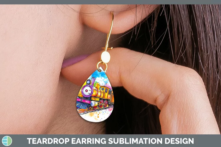 Watercolor Splash Toy Train Teardrop Earrings Sublimation Ea