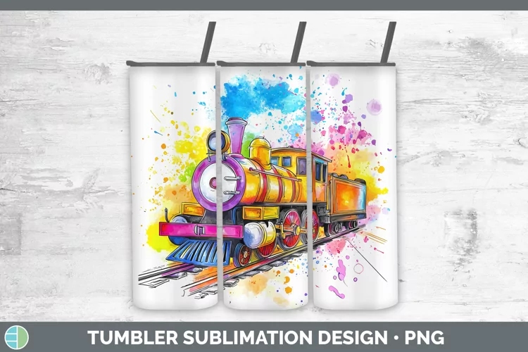 Watercolor Splash Toy Train Tumbler Sublimation 20 oz Skinny