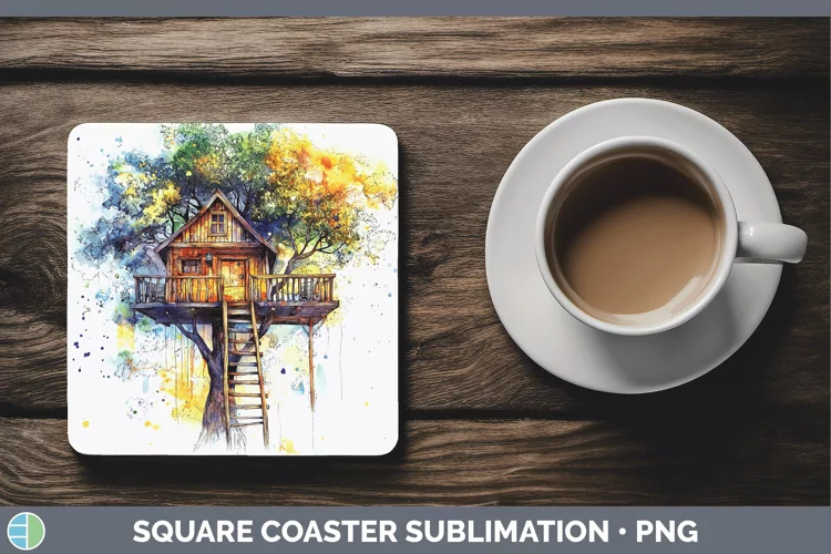 Watercolor Splash Toy Treehouse Square Coaster Sublimation C
