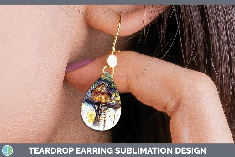 Watercolor Splash Toy Treehouse Teardrop Earrings Sublimatio