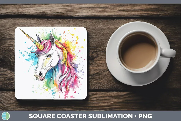 Watercolor Splash Toy Unicorn Square Coaster Sublimation Coa