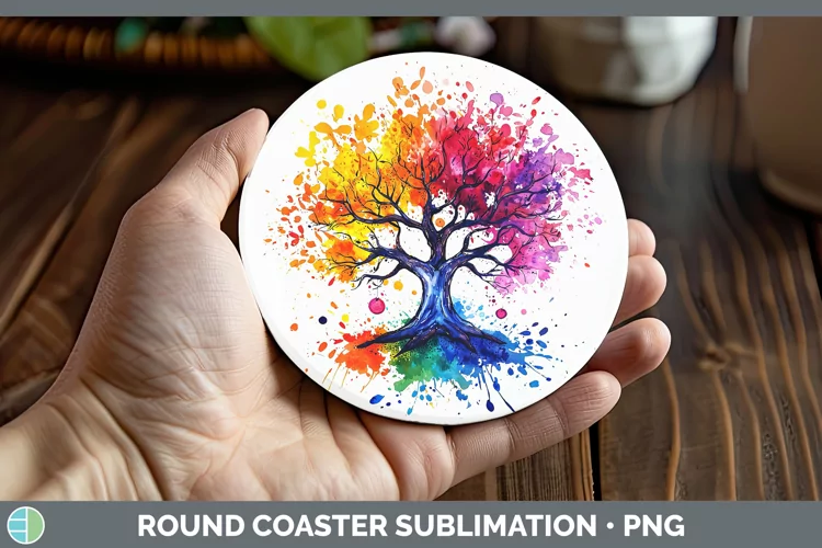 Watercolor Splash Tree of Life Round Coaster Sublimation Coa