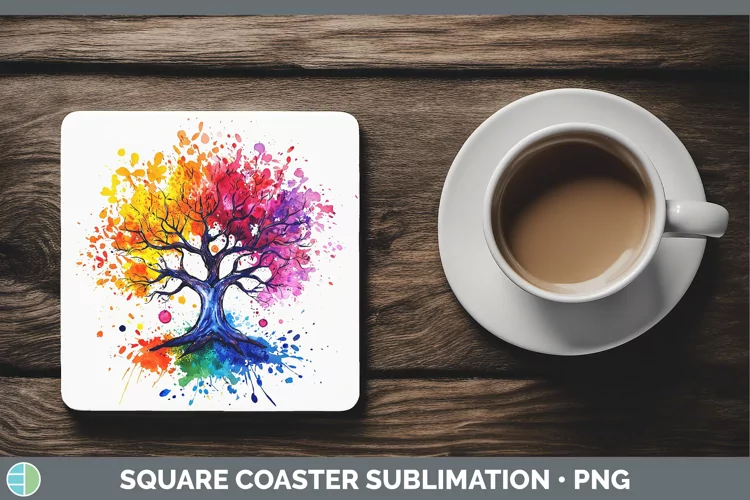 Watercolor Splash Tree of Life Square Coaster Sublimation Co