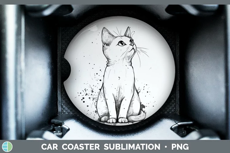 Watercolor Splash White Cat Car Coaster Sublimation Designs