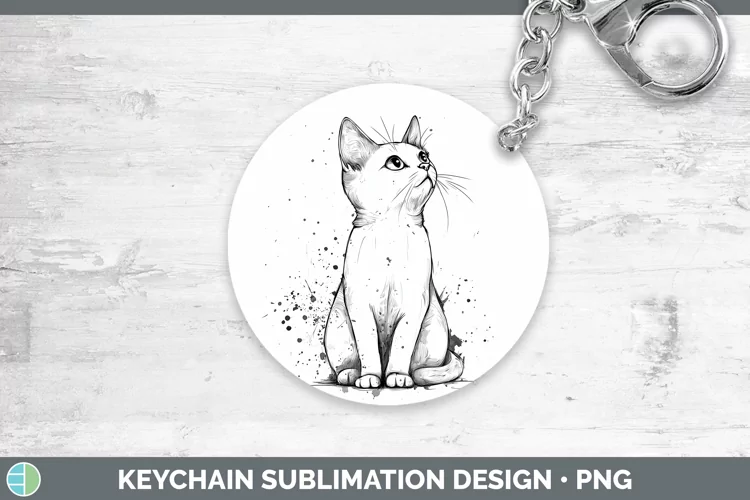 Watercolor Splash White Cat Keychain Sublimation Keyring Des