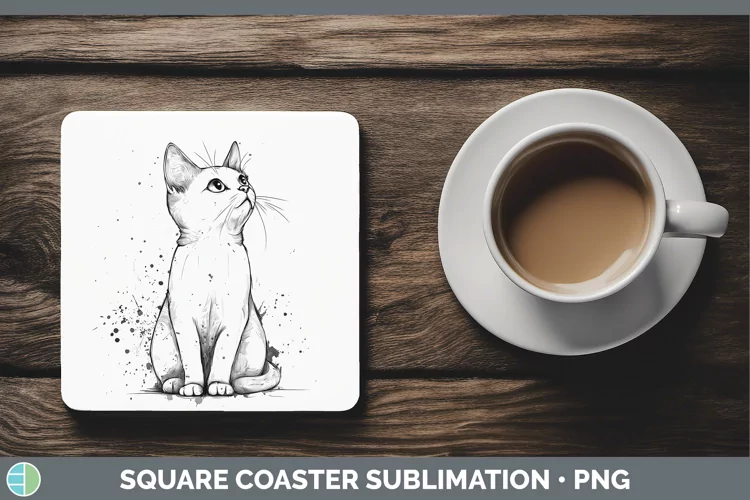 Watercolor Splash White Cat Square Coaster Sublimation Coast
