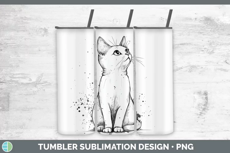 Watercolor Splash White Cat Tumbler Sublimation 20 oz Skinny