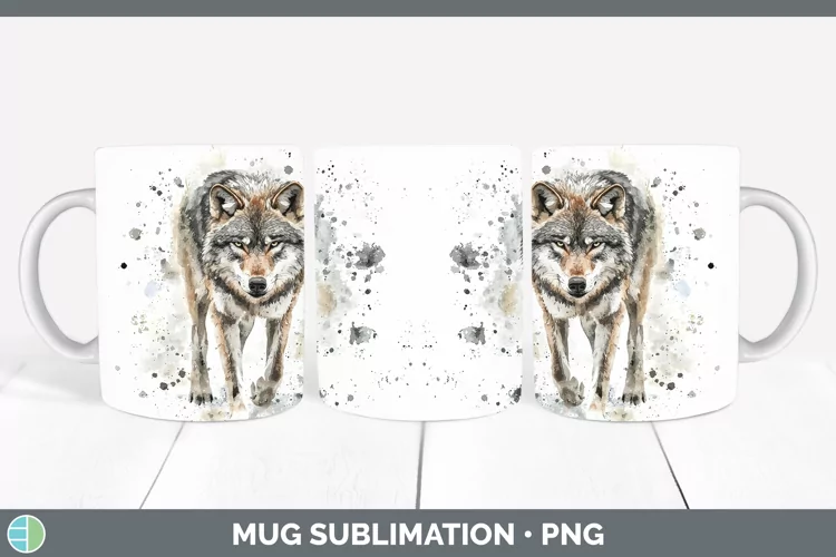 Watercolor Splash Wolf Mug Wrap Sublimation Coffee Cup Desig