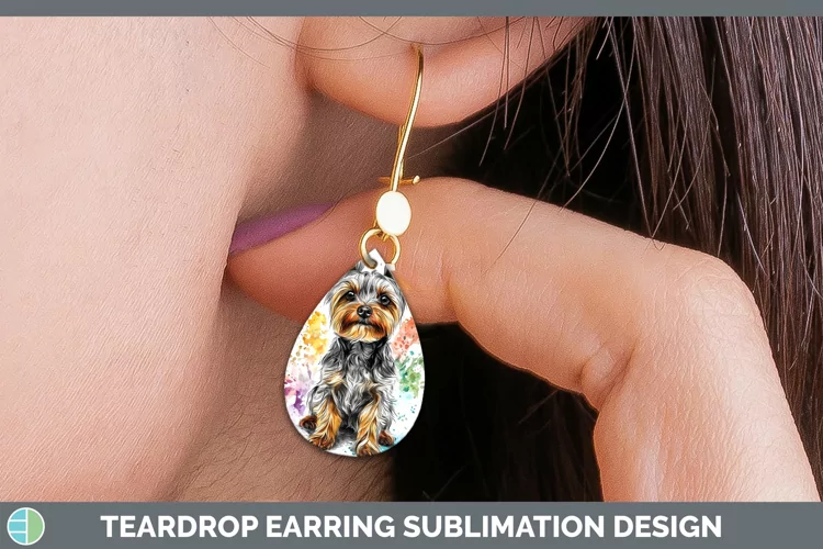 Watercolor Splash Yorkshire Terrier Teardrop Earrings Sublim