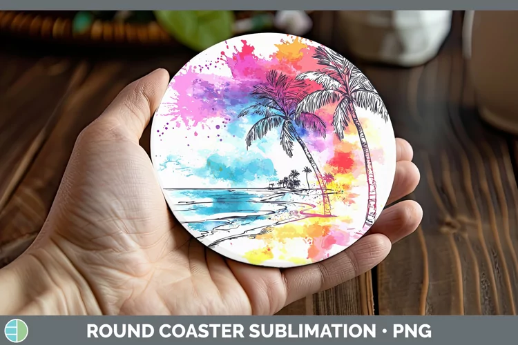 Watercolor Splatter Beach Round Coaster Sublimation Coaster