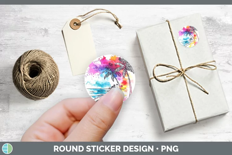 Watercolor Splatter Beach Stickers | Round Labels Designs