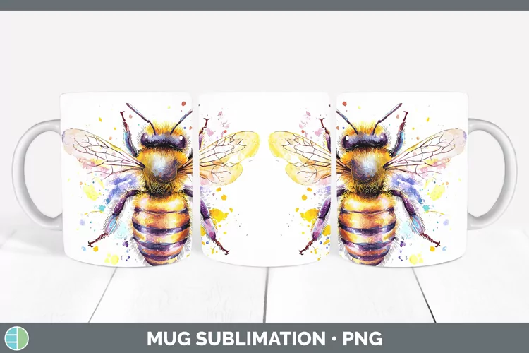 Watercolor Splatter Bee Mug Wrap Sublimation Coffee Cup Desi