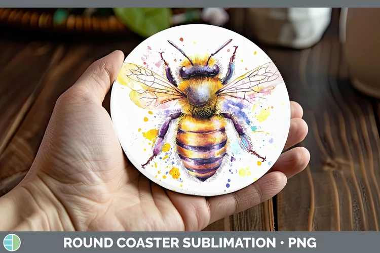 Watercolor Splatter Bee Round Coaster Sublimation Coaster De