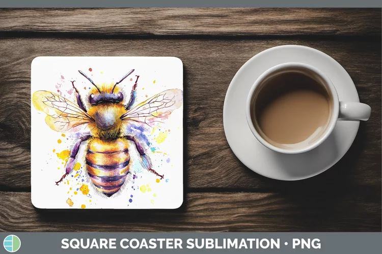 Watercolor Splatter Bee Square Coaster Sublimation Coaster D