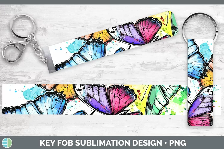 Watercolor Splatter Butterfly Key Fob Sublimation Wristlet D