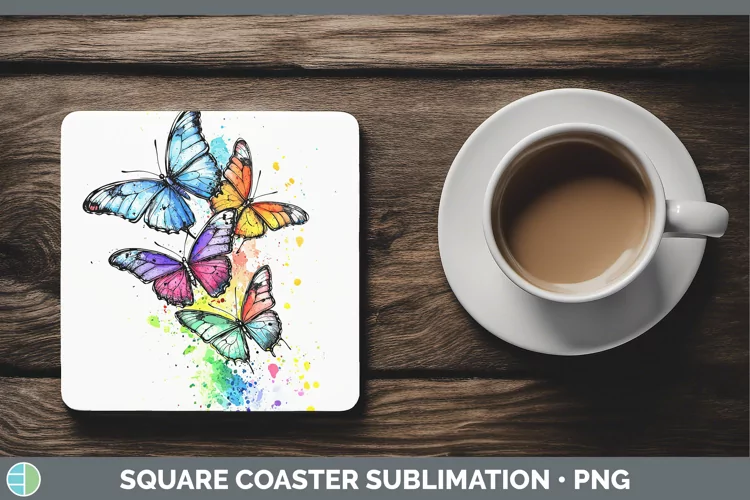 Watercolor Splatter Butterfly Square Coaster Sublimation Coa