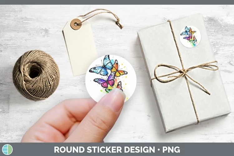 Watercolor Splatter Butterfly Stickers | Round Labels Design
