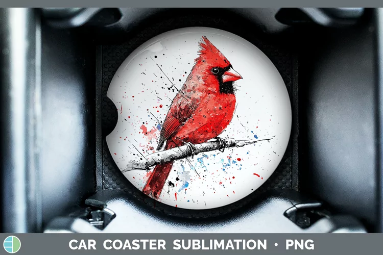 Watercolor Splatter Cardinal Car Coaster Sublimation Design