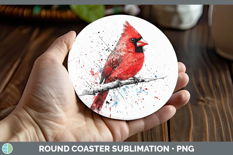 Watercolor Splatter Cardinal Round Coaster Sublimation Coast