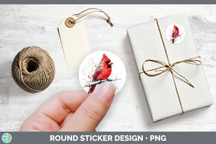 Watercolor Splatter Cardinal Stickers | Round Labels Designs