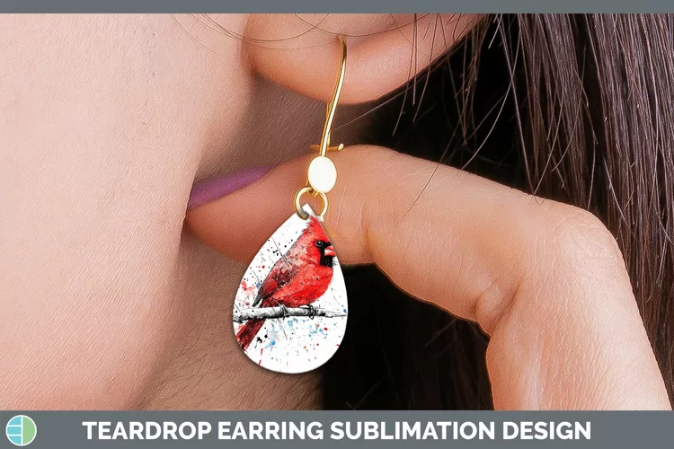 Watercolor Splatter Cardinal Teardrop Earrings Sublimation E