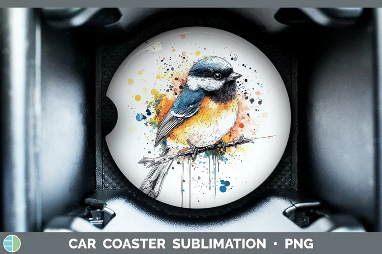 Watercolor Splatter Chickadee Car Coaster Sublimation Desig