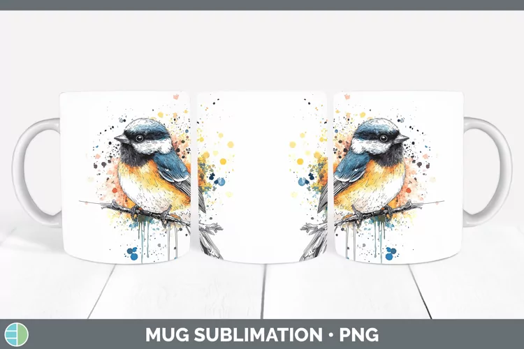 Watercolor Splatter Chickadee Mug Wrap Sublimation Coffee Cu