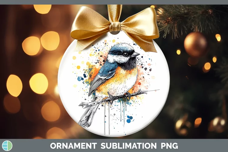 Watercolor Splatter Chickadee Ornament Sublimation Bauble De