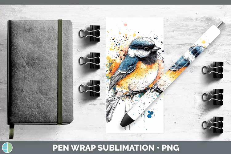 Watercolor Splatter Chickadee Pen Wrap Sublimation Pen Desig
