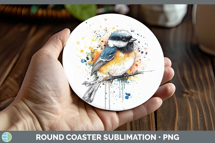 Watercolor Splatter Chickadee Round Coaster Sublimation Coas