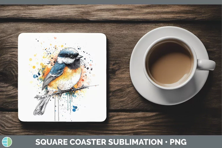 Watercolor Splatter Chickadee Square Coaster Sublimation Coa