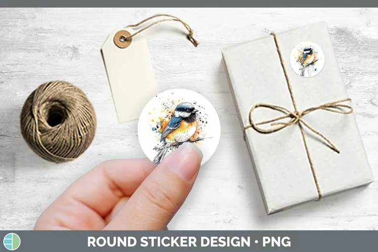 Watercolor Splatter Chickadee Stickers | Round Labels Design