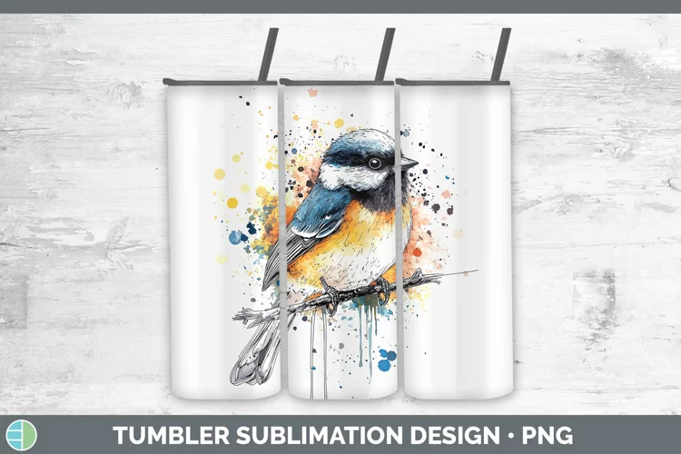 Watercolor Splatter Chickadee Tumbler Sublimation 20 oz Skin