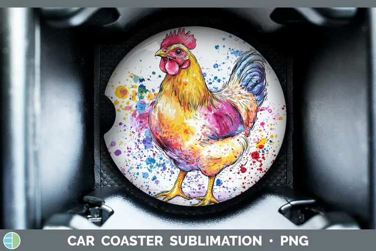 Watercolor Splatter Chicken Car Coaster Sublimation Designs