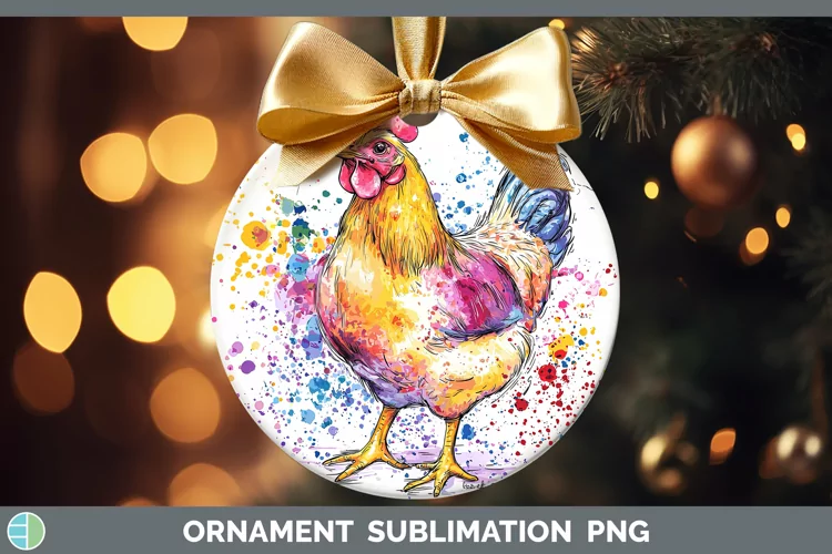 Watercolor Splatter Chicken Ornament Sublimation Bauble Desi