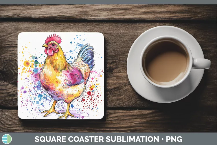 Watercolor Splatter Chicken Square Coaster Sublimation Coast