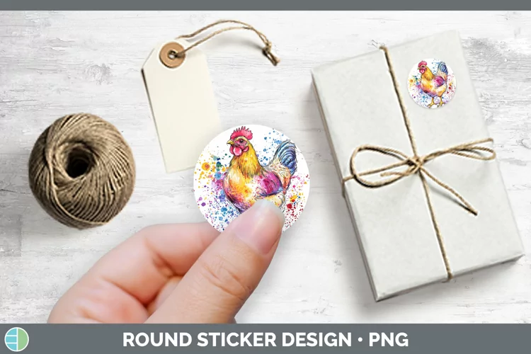 Watercolor Splatter Chicken Stickers | Round Labels Designs