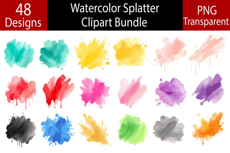 Watercolor Splatter Clipart Bundle, 48 PNG Designs example image 1