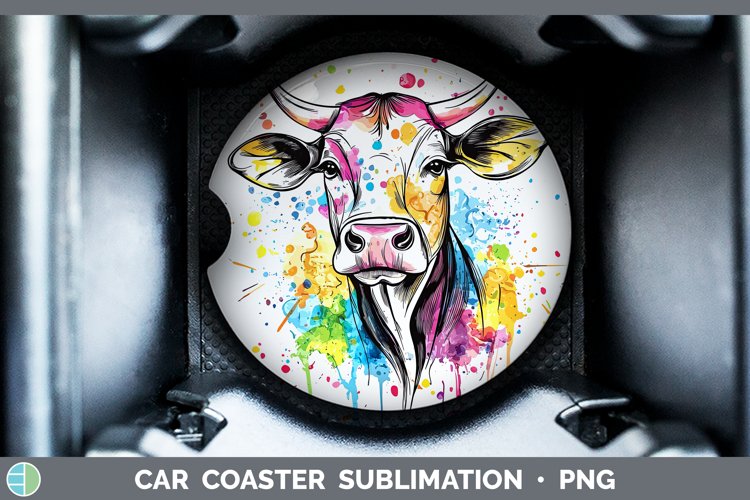 Watercolor Splatter Cow Car Coaster Sublimation Designs