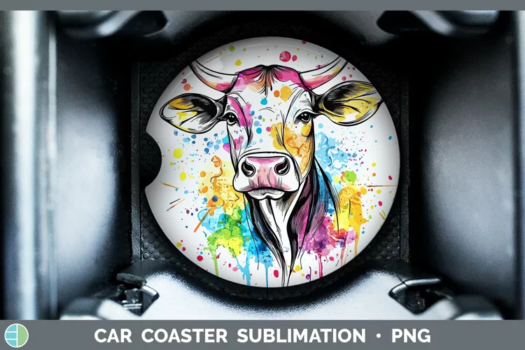 Watercolor Splatter Cow Car Coaster Sublimation Designs