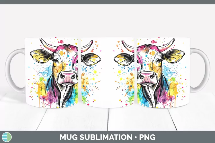 Watercolor Splatter Cow Mug Wrap Sublimation Coffee Cup Desi